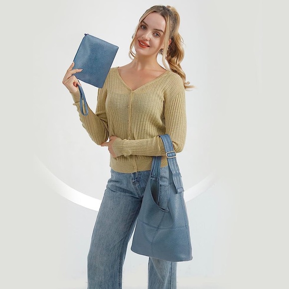 DENIM BLUE SUPER SOFT VEGAN LEATHER SHOULDER BAG AND COIN CLUTCH 2 PIECE SET - Picture 2 of 6